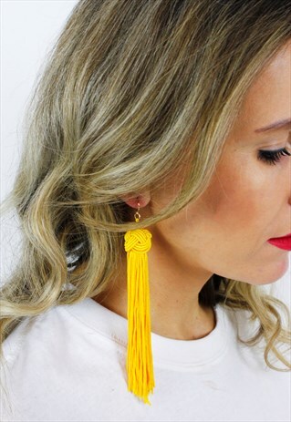 YELLOW LONG TASSEL FRINGE CHANDELIER DROP DANGLE EARRINGS