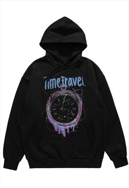 Watch print hood retro pullover raver top time travel jumper