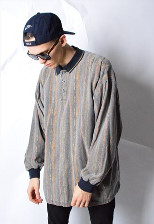 VINTAGE 90S ABSTRACT FADED PRINT LONG SLEEVE POLO SHIRT