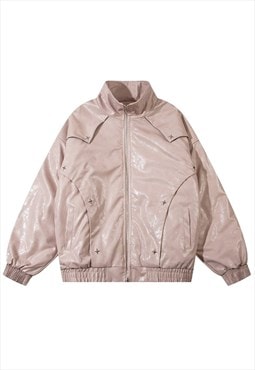 Faux leather college bomber cyber varsity jacket pastel pink