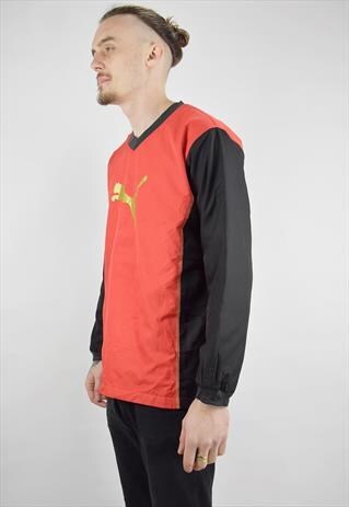 VINTAGE 90S FLURO RED NYLON TRAINING TOP W/GOLD CHEST PRINT