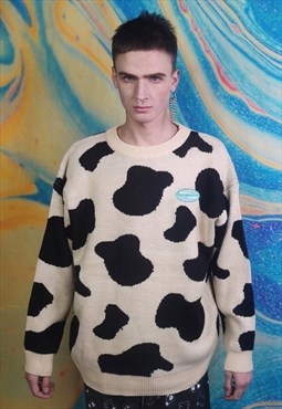 Cow sweater animal print top dot pattern jumper light cream