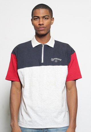 VINTAGE CONVERSE SHORT SLEEVE 1/4 ZIP POLO SHIRT GREY BLUE