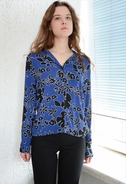 Vintage Blue Floral Print Viscose Shirt