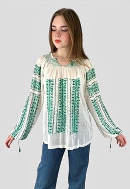70's Vintage White Cotton Green Embroidery Hippy Blouse