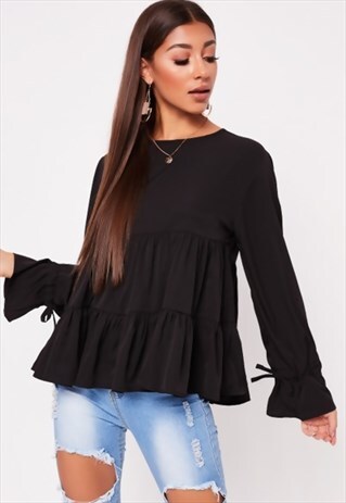 BLACK RUCHED BOW LONG SLEEVE TIERED SHIFT TOP