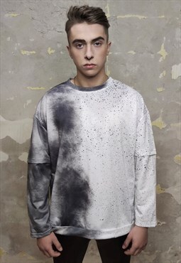 Pain splatter t-shirt gradient double sleeve retro top grey