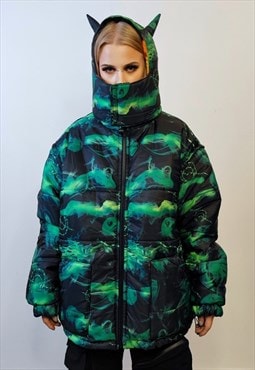 Smoke print bomber reversible jacket detachable flame puffer