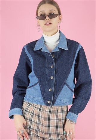 VINTAGE DENIM JACKET CROPPED IN BLUE WITH PATCHWORK PANELS