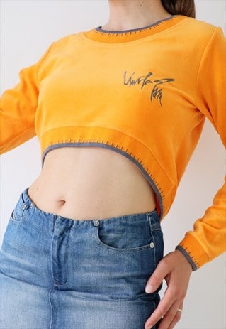 Vintage Sweatshirt Cropped Velour 90s Jumper Orange