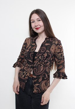 Vintage 90s paisley blouse, ruffle sleeve blouse brown 