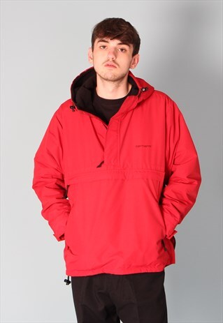 CARHARRT RED PULLOVER 1/4 ZIP HOODED JACKET