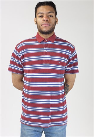 VINTAGE TOMMY HILFIGER BURGUNDY STRIPED POLO SHIRT