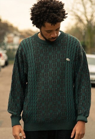 VINTAGE LACOSTE KNIT WOOL JUMPER IN A PATTERNED DARK GREEN