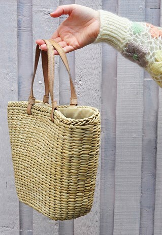 VINTAGE WICKER STRAW BASKET BEACH BAG