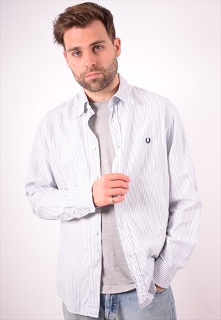 FRED PERRY MENS VINTAGE SHIRT XL WHITE STRIPES 90S