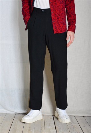 Vintage 90s Black Minimalist Wool Blend Pleated Mens Pants