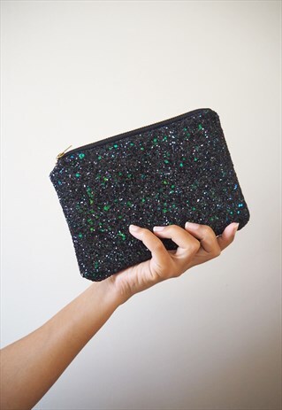 BLACK & GREEN GLITTER MAKEUP BAG