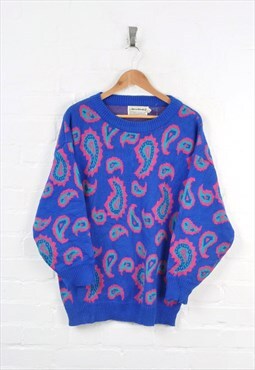 Vintage Knitted Jumper 80s Pattern Blue/Pink Ladies Large