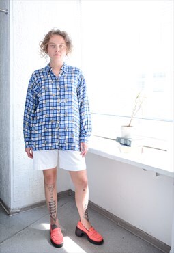 Vintage 80's Blue Checked/Geese Print Viscose Shirt