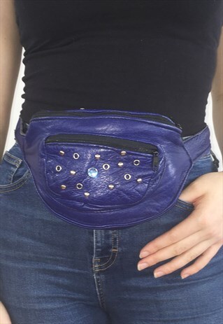 WOMENS VINTAGE 80S BUMBAG EMBELLISHED BLUE FESTIVAL BAG