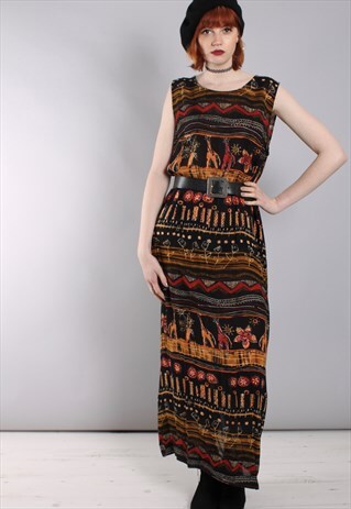 VINTAGE 90S CRAZY SAFARI PATTERNED MAXI DRESS