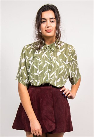 VINTAGE 90'S GREEN LEAF PATTERN SHORT SLEEVE SHIRT