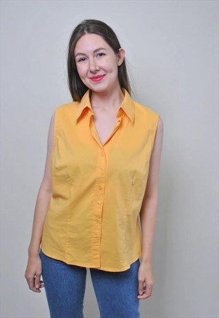 Vintage minimalist orange shirt, sleeveless summer blouse