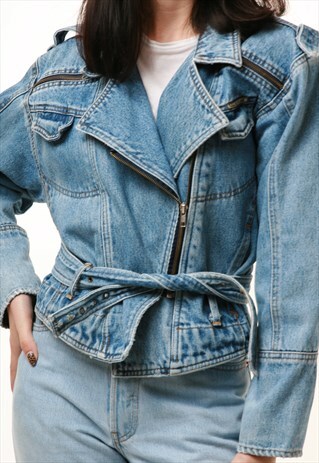 90S VINTAGE BLUE DENIM BIKER MOTO CROPPED JACKET 812