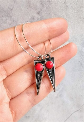 AZTEC HOOP EARRINGS RED STONE