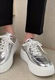 FOIL TRAINERS RETRO CLASSIC PLATFORM SNEAKERS IN SILVER 