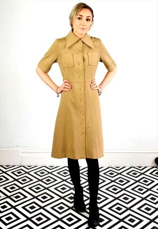 VINTAGE 70'S JAPANESE PALE BROWN DAGGER COLLAR MOD DRESS