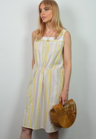VINTAGE 70S WHITE & YELLOW PASTEL STRIPE SQUARE NECK DRESS