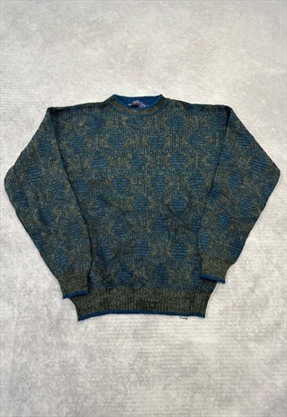 VINTAGE KNITTED JUMPER ABSTRACT PATTERNED GRANDAD SWEATER