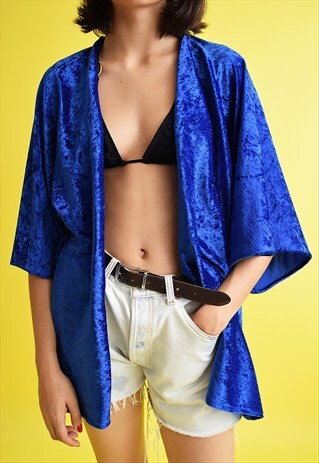 VINTAGE 70'S HIPPIE BLUE VELVET KIMONO JACKET TOP