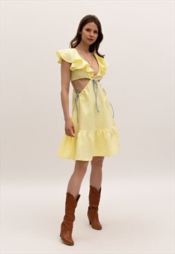 Cutout linen dress woman in yellow