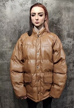 Faux leather quilted puffer jacket grunge bomber solid brown