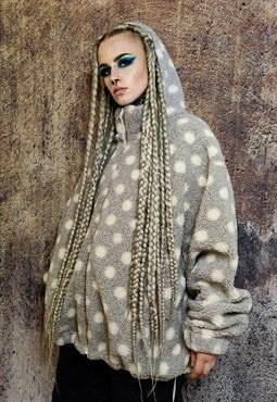 Polka dot fleece hooded jacket handmade retro fluffy coat