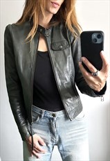 Khaki Real Leather Biker Motorcycle Slim Fit Crop Jacket XS