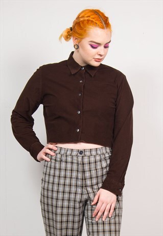 VINTAGE 90'S DARK BROWN CORD CROPPED LONG SLEEVE SHIRT