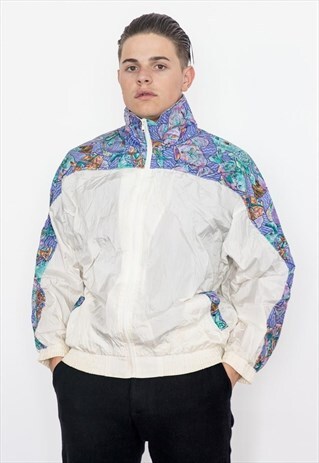 90S VINTAGE WHITE FISH PRINT BOMBER JACKET