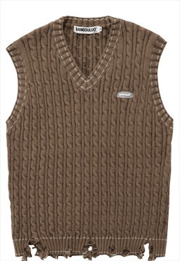 Ripped sleeveless sweater chunky knitted v neck vest brown