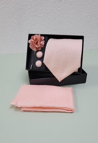 Pink Woven Handkerchief Men Necktie and Lapel Pin Brooch Set