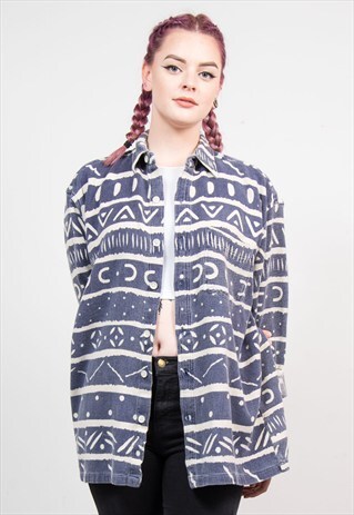 VINTAGE 90'S BLUE AZTEC PATTERN LONG SLEEVE SHIRT