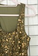 VINTAGE Y2K SEQUIN SLEEVELESS TOP GREEN SIZE UK 6-8