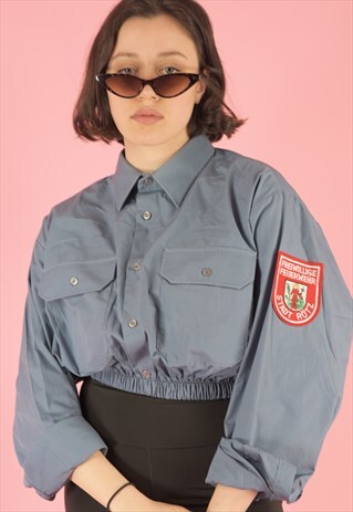 VINTAGE REWORKED ARMY SHIRT IN BLUE WITH FIREFIGHTER PATCH