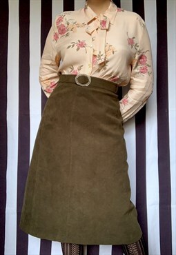 Vintage 80s khaki suede midi long skirt with belt, UK14/16