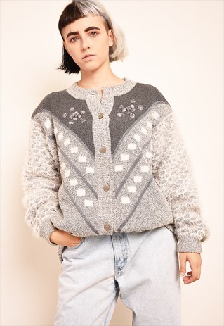 90'S RETRO FLORAL EMBROIDERED KNIT JAZZY CARDIGAN