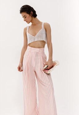 Linen striped wide leg palazzo pants in pink color