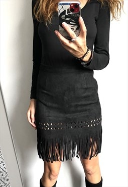Fringe Black  Boho Skirt - Large 